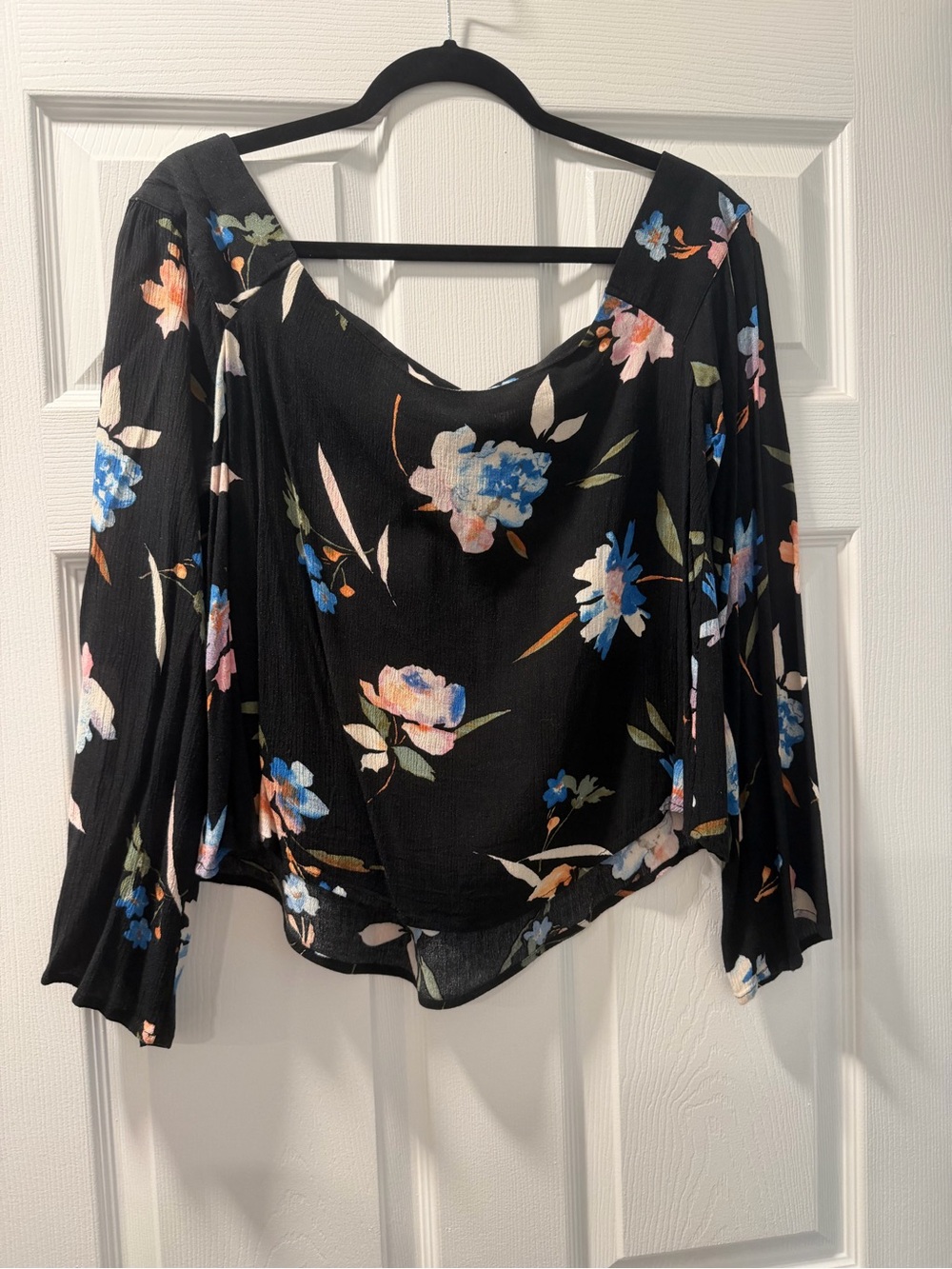 Floral V-Neck Blouse - off the shoulder Black with Blue & Pink Flowers